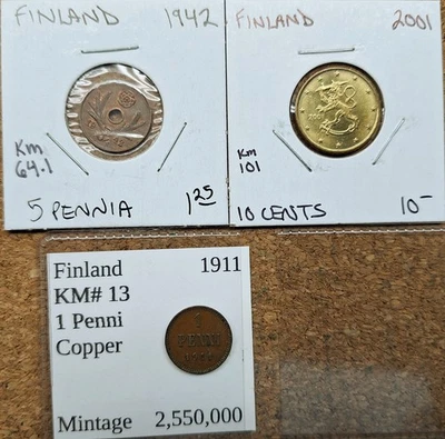 3 monedas antiguas diferentes de Finlandia 1911-1942-2001 centavos extranjeros mundiales de colección Foto 1 de 2