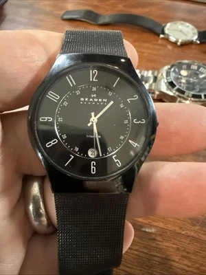 Skagen Titanium Watch Men 34mm Black Dial Black Tone 233LTMB Mesh Band Working - Image 1 of 4