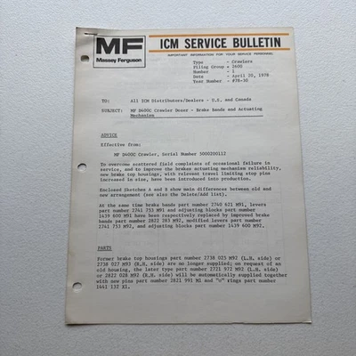 1978 Massey Ferguson MF D400C Crawler Dozer ICM Service Bulletin - Image 1 of 4