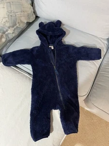 Hanna Andersson Fuzzy Bear Fleece Bunting 70 6-12 Mo Navy Blue Hood - Picture 1 of 2
