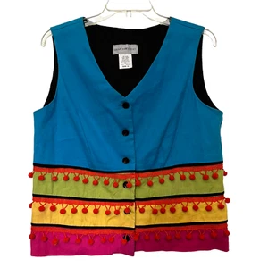 Sharon Young Vintage Womens Vest Sz 12 Linen Colorblock PomPoms Coachella Hippie - Picture 1 of 10