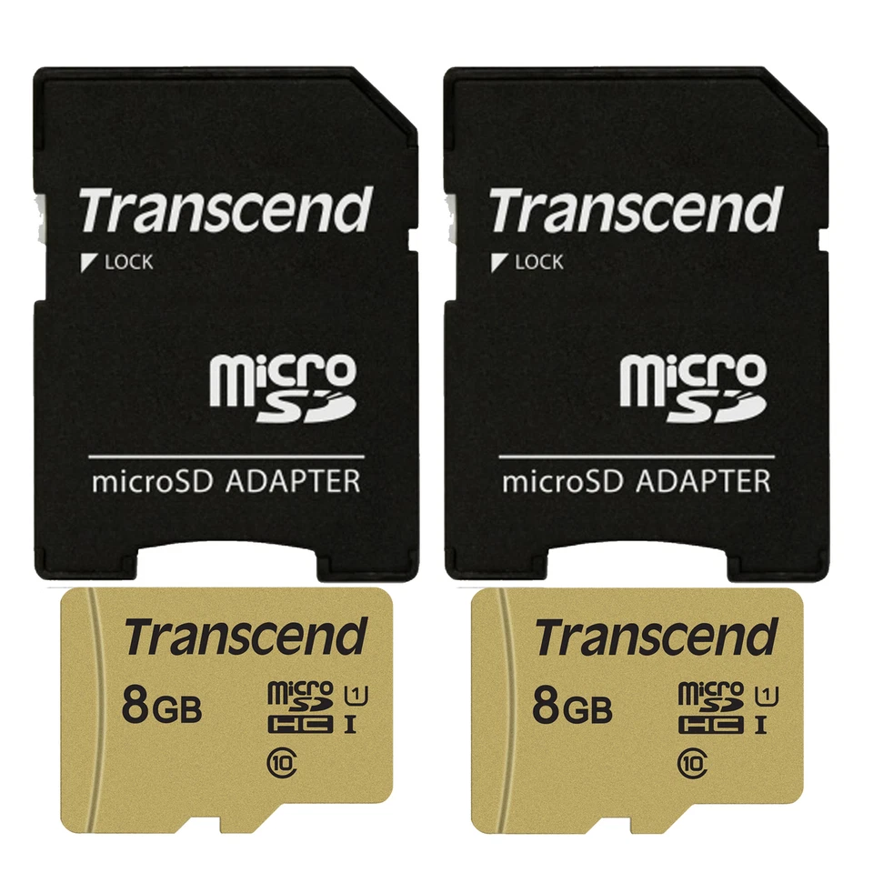 2x Transcend 8GB UHS-1 Class 10 micro SD 500S Read up to 95MB/s With SD Adapter - Image 1 of 3