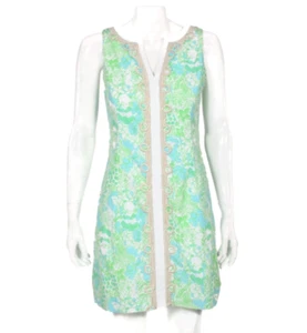 Lilly Pulitzer Janice Shift Dress Gold Embroidery Green Blue Jungle Sz 2 /227 - Picture 1 of 6
