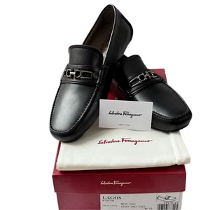 Ferragamo Lagos Gancini 9.5 EE Loafers Black Leather Men's Drivers Dress Slip-on - Picture 1 of 5