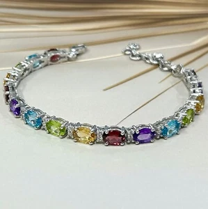 7x5 MM Oval Multi Stone Tennis Bracelet 925 Silver 14k Gold Plated- 8.5 In. - Picture 1 of 6
