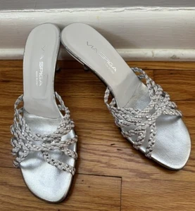 Via Spiga Women Silver and White Braided Kitten Heels US 8 Slip On Sandals - Picture 1 of 22