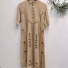 Vintage 70s Cottagecore Maxi Dress 100% Rayon Neutral Tan Earth Embroidered S