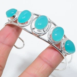 Aqua Chalcedony Gemstone 925 Sterling Silver Jewelry Adjustable Cuff Bracelet - Picture 1 of 1