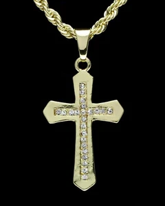 Mens Icy Cz Cross 1.5" Pendant 14k Gold Plated 24" Rope Chain Hip Hop Necklace - Picture 1 of 4
