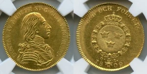 SWEDEN 1809 OL Gustaf IV Adolf Gold Ducat Last year of issue =TOP POP= NGC MS63 - Picture 1 of 2