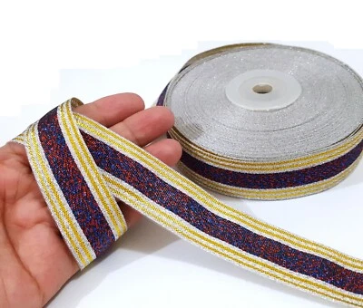 1" 25mm -32y No Wired Silver Gold Stripes Purple Red Shiny Polyester Ribbon MR33 - Image 1 of 4