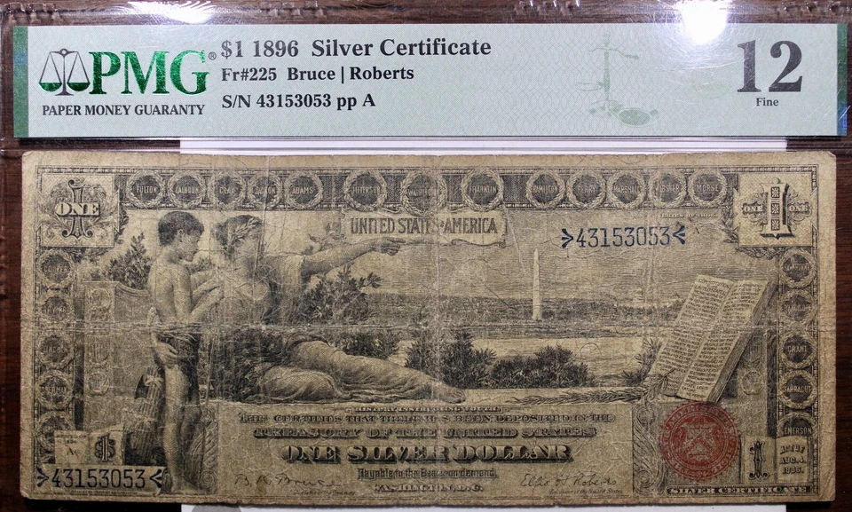 1896 $1 Educational Note Silver Certificate Fr. 225 Bruce Roberts PMG FINE 12 - Image 1 of 2