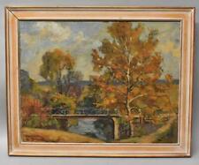 Oil Painting Fall Landscape Bridge By Earl North