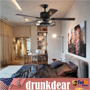 52 Inch Rustic Industrial Ceiling Fan Light Lamp Metal Cage W/ Remote Control - Picture 1 of 10