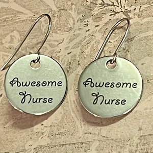 Silver Tone Awesome Nurse Round Disk Dangle Earrings. Nursing. Medicine. S164 - Picture 1 of 3
