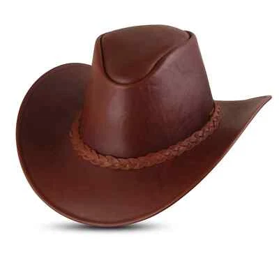 Sombrero de Vaquero Western REAL Cuero MARRÓN Hombres y Mujeres Estilo Vintage SOMBRERO Trenzado Foto 1 de 4