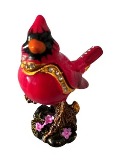 Jeweled Red Cardinal Trinket Box With Rhinestones & Floral Base - Picture 1 of 4