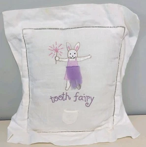 Linen Blend Tooth Fairy Pillow White Pink Bunny Kelly B Rightsell 13"x13" EUC - Picture 1 of 8