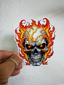 Skull in Flames Motorcycle Bike MX Rock Metal Sticker Decal - Picture 1 of 2