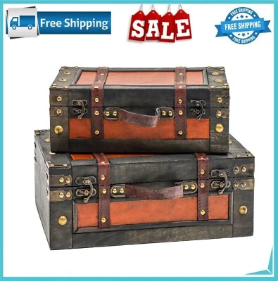 Maletas decorativas vintage baúl retro madera cuero artesanía almacenamiento antiguo 2 piezas Foto 1 de 4