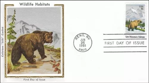 SAVE WILDLIFE HABITATS 1981 COLORANO SILK  CACHET FDC  GRIZZLY BEAR  UNADDR - Image 1 of 1