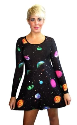 New Disco Galaxy Planets Space Long Sleeve Flared Skater Swing Smock Mini Dress - Image 1 of 3