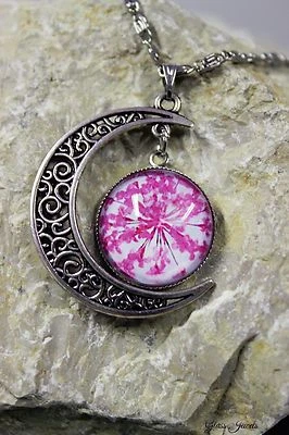 Vetro Gioielli Argento Ciondolo Collana Luna Cabochon Fiore Fucsia Rosa #M057 - Immagine 1 di 3