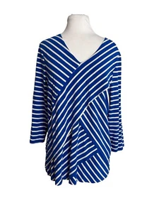 Chicos Womens Shirt Size 1 (8-10) Blue White Diagonal Stripes Pullover Stretch - Picture 1 of 6