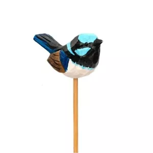 Carved Wooden BLUE WREN on Stick - Garden Art Ornament Stake 40cm - Set of 2 - Picture 1 of 3