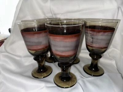 "Juego de 5 copa de agua de vino Sango Nova marrón óxido borgoña cristalería 7""" Foto 1 de 4