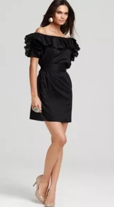 Y2K Juicy Couture Schulterfreies Popeline Rüschen Schwarz Partykleid Damen Gr. P - Bild 1 von 9