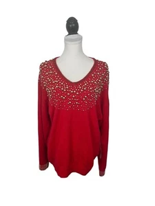 NEW Victoria Harbour Pullover Sweater Size M Red Goldtone Beads Vintage Holiday - Picture 1 of 11