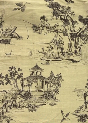 Bronze Gold Asian Themed Slubbed Synthetic Toile Decor Fabric BTY #15 - Image 1 of 4