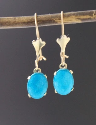 Винтажные маленькие серьги-подвески из чистого золота 14 карат с бирюзой 0,75 г - Изображение 1 из 4