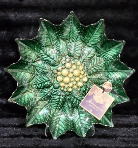 Turkish Glass Green Poinsettia Serve Tray Platter 12.7" Christmas Hand Decorated - Picture 1 of 10