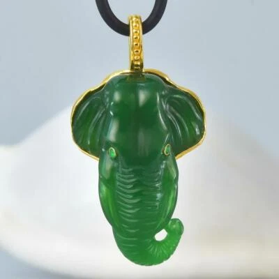 Gold Vermeil Sterling Smaragd Grün Chalzedon Asiatisch Elefant Anhänger 10.42 G - Bild 1 von 4
