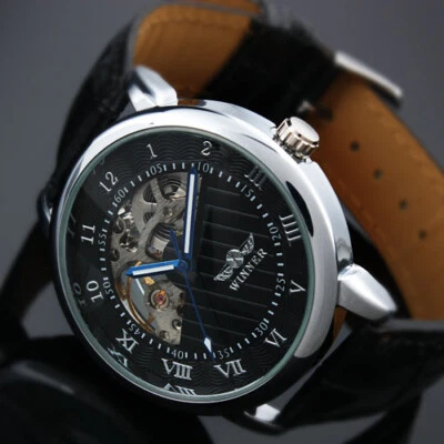 Reloj mecánico para hombre esfera negra correa de cuero cuerda manual esqueleto negocios Foto 1 de 4