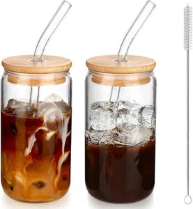 Iced Coffee Cups with Lids 2 Pcs,16 Oz Glass Cups with Lids and Straws as Coffee - Picture 1 of 12