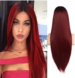 Ombre Wine Red Wigs Long Straight For Women Wigs Burgundy Synthetic Wig Party - Picture 1 of 9