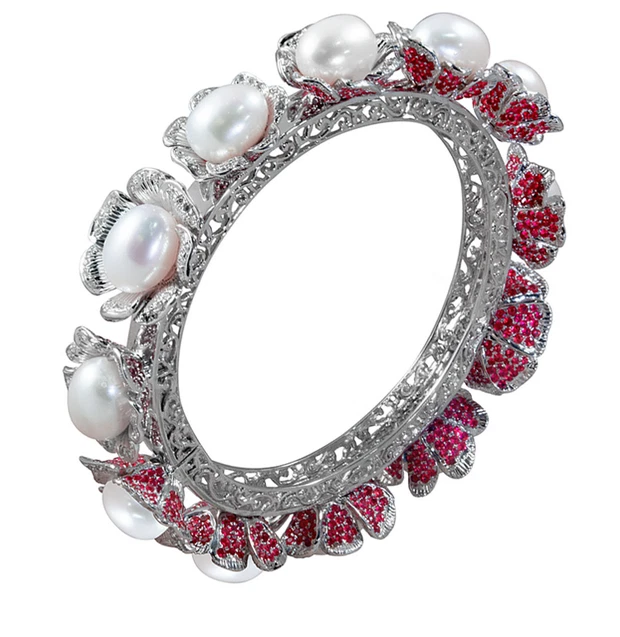 10.8CT Flower Design Small Red Rubies With Pearls 935 Argentium Silver Bracelets - Image 1 of 4