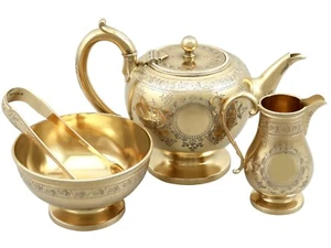 Sterling Silver Gilt Three Piece Bachelor Tea Service - Antique Victorian - Picture 1 of 12