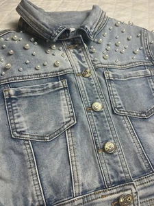 $310 Monnalisa Denim Jacketš„Blue Jean Coat PEARLS FASHION Girls Size 10 - Picture 1 of 14
