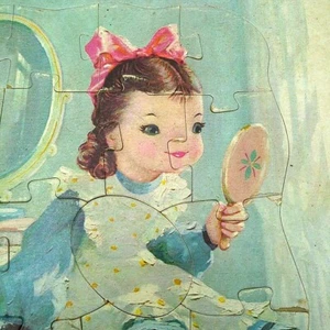 Puzzle vassoio cornice bambini 1957 vintage Helene Pessl tempo di gioco ragazza carina cane - Foto 1 di 11