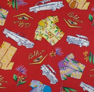 Vtg Concord Fabrics Chevy Bel Air Classic Car Hawaiian Print Fabric Red 1.5 Yds - Image 1 of 3