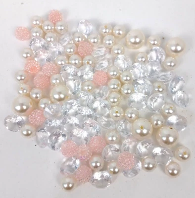 Clear Acrylic Faceted Diamonds Pearl Like Craft Pink Beaded Beads Lot of 105 - Image 1 of 4