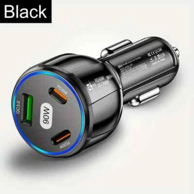 3-Port 90W Car Charger - USB & Type-C PD Fast Charging, QC 3.0 Quick Charger - Imagen 1 de 3