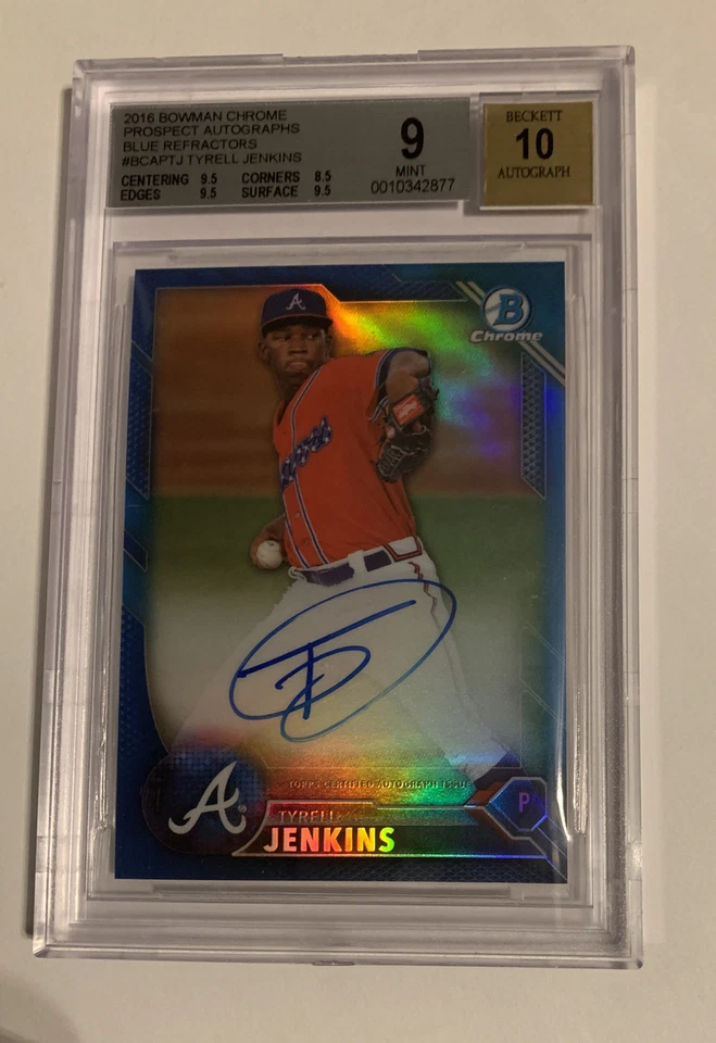 2016 BOWMAN CHROME TYRELL JENKINS RC BLUE REFRACTOR BRAVES #/150 BGS 9 AUTO 10 - Image 1 of 3
