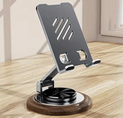 Grey Metal Phone Tablet iPad Adjustable View Angle Stand With A Wood Walnut Base - Image 1 of 4