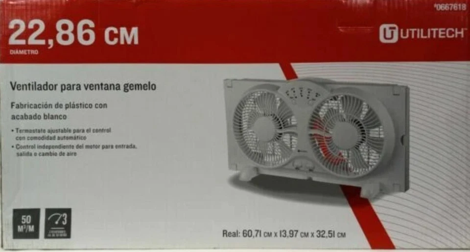 Utilitech 9" Twin Window Fan 3 Speed Indoor Fan Adjustable Thermostat 24x5.5x13" - Image 1 of 1