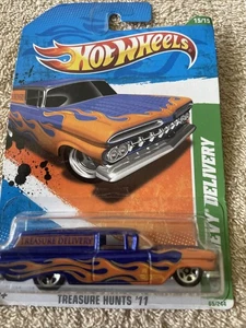 2011 Hot Wheels Treasure Hunt #65 '59 Chevy Delivery metal base blue with flames - Picture 1 of 4
